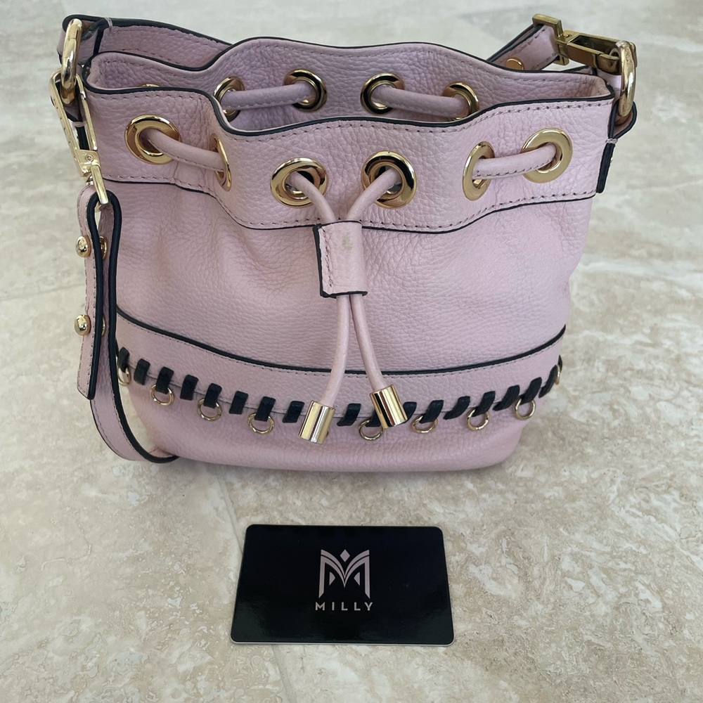 Milly Light Pink Leather Shoulder Crossbody Bag with Gold Accents